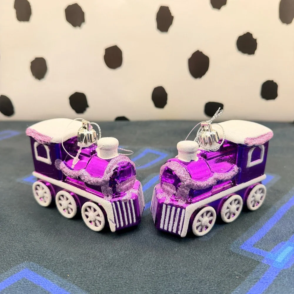 Purple Foil Christmas Train Ornaments Set of 2 Shiny Locomotive Decor 3.5